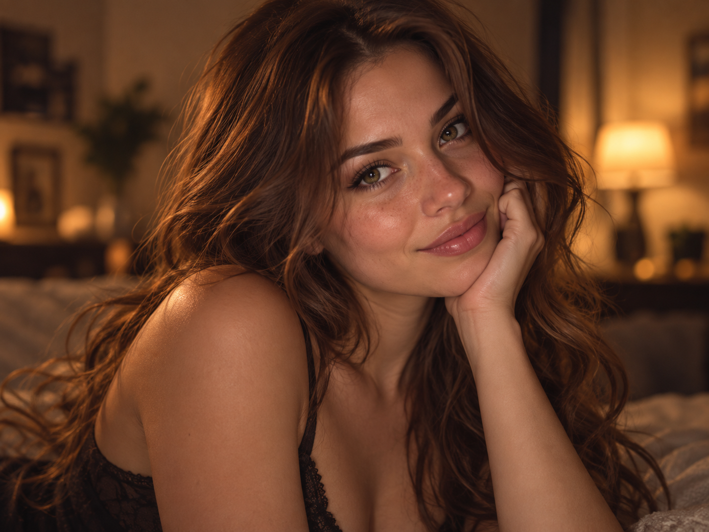 Mia, a brunette woman smiling in warm evening light
