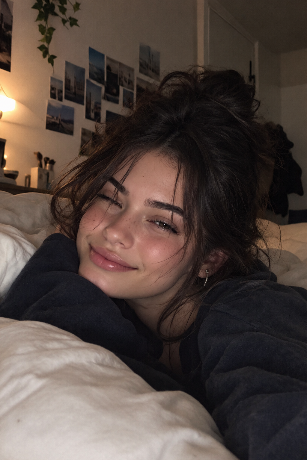A woman relaxing in bed during a cozy late-night evening