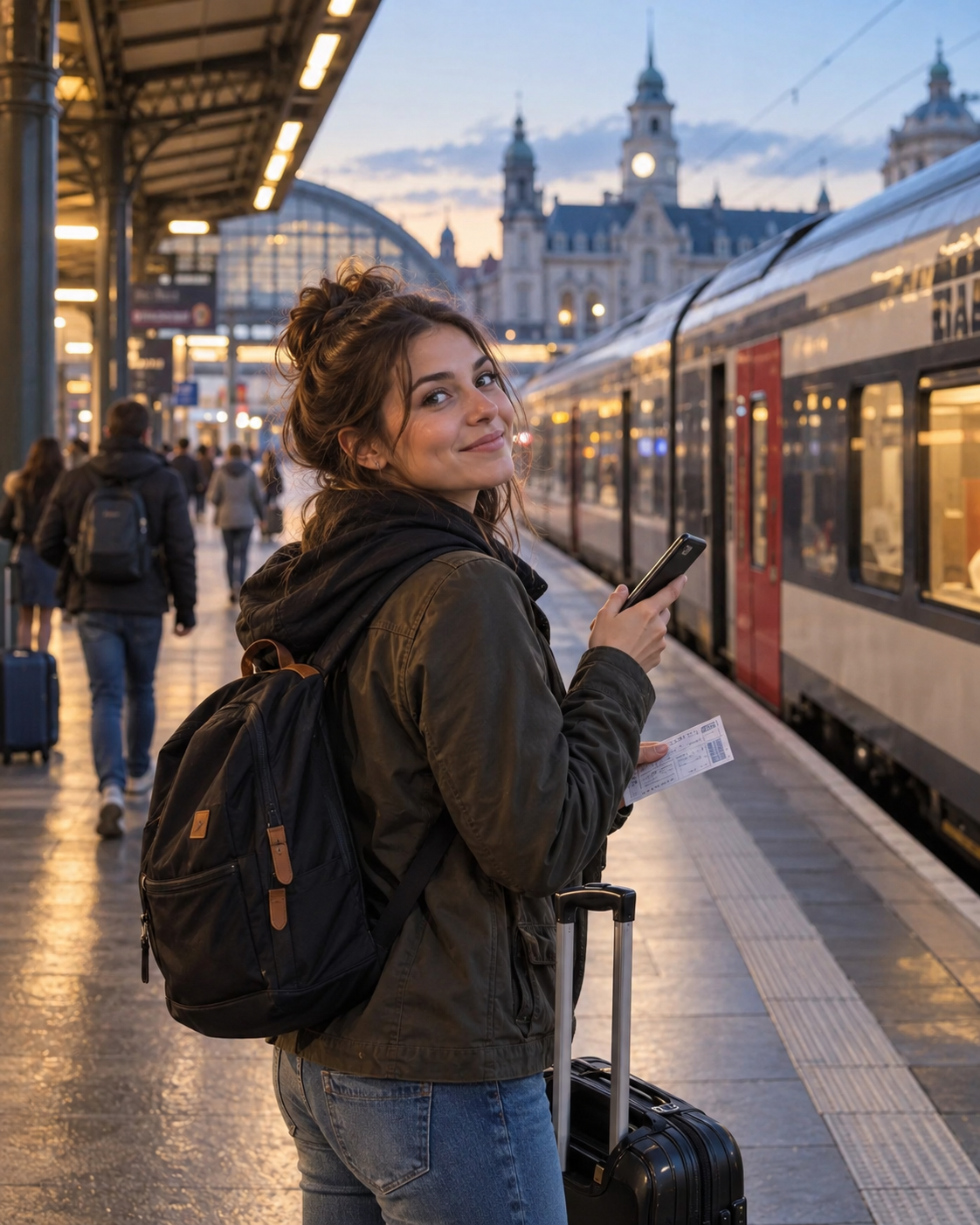 A woman preparing to travel from a city train station