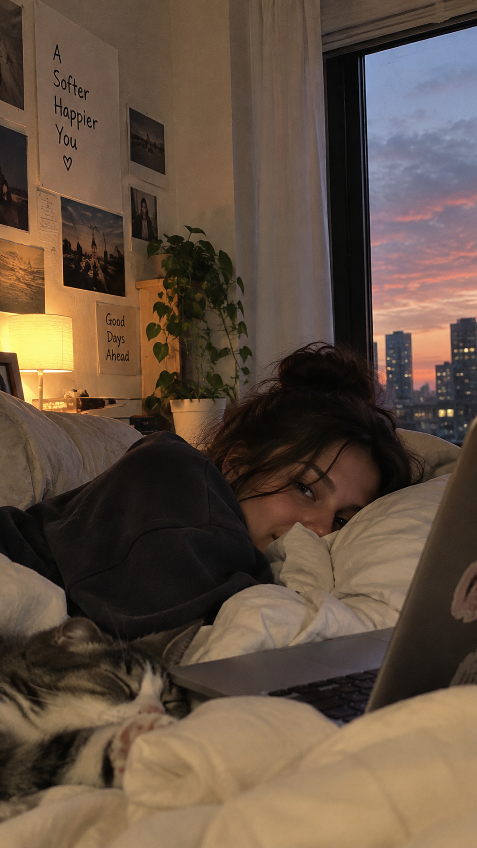 A woman unwinding with a laptop and cat in a warm bedroom
