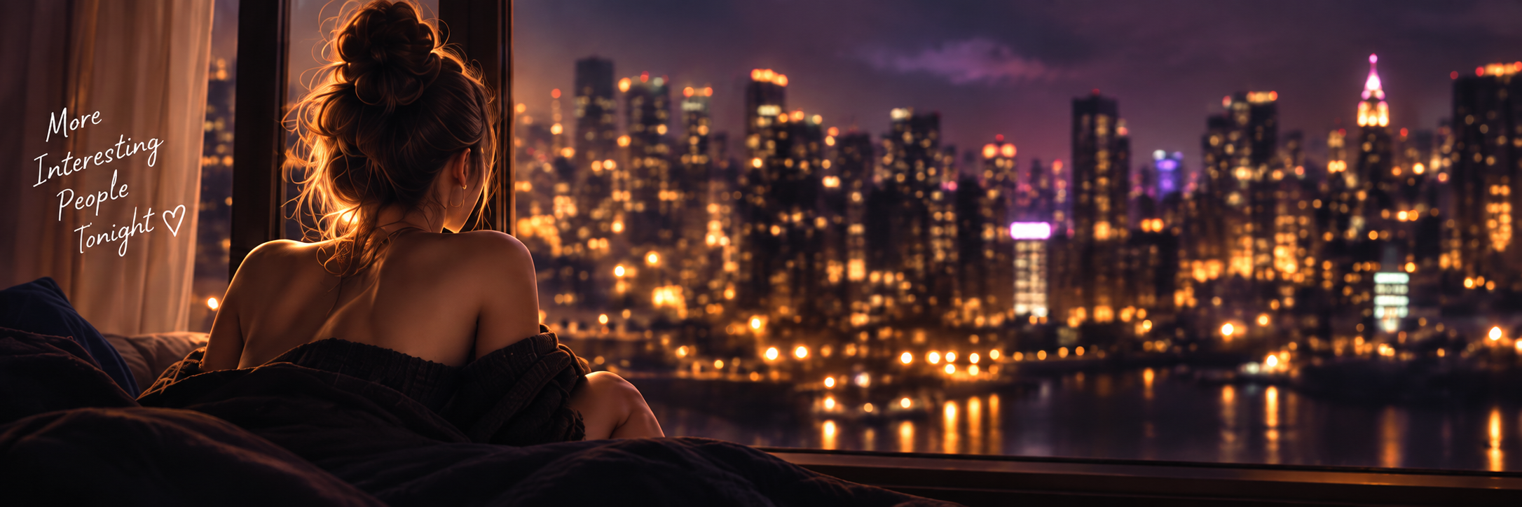 A woman looking out at warm city lights at night