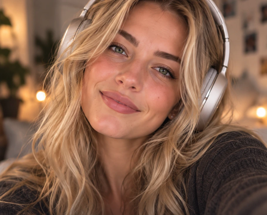 A woman with blonde hair wearing headphones