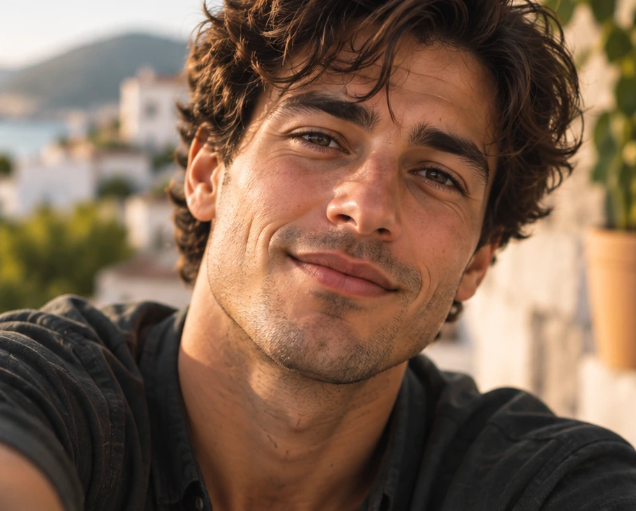 A man with wavy dark hair outdoors by the coast