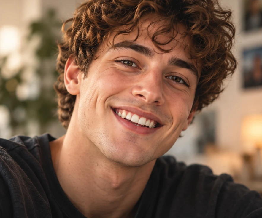 A smiling man with curly brown hair