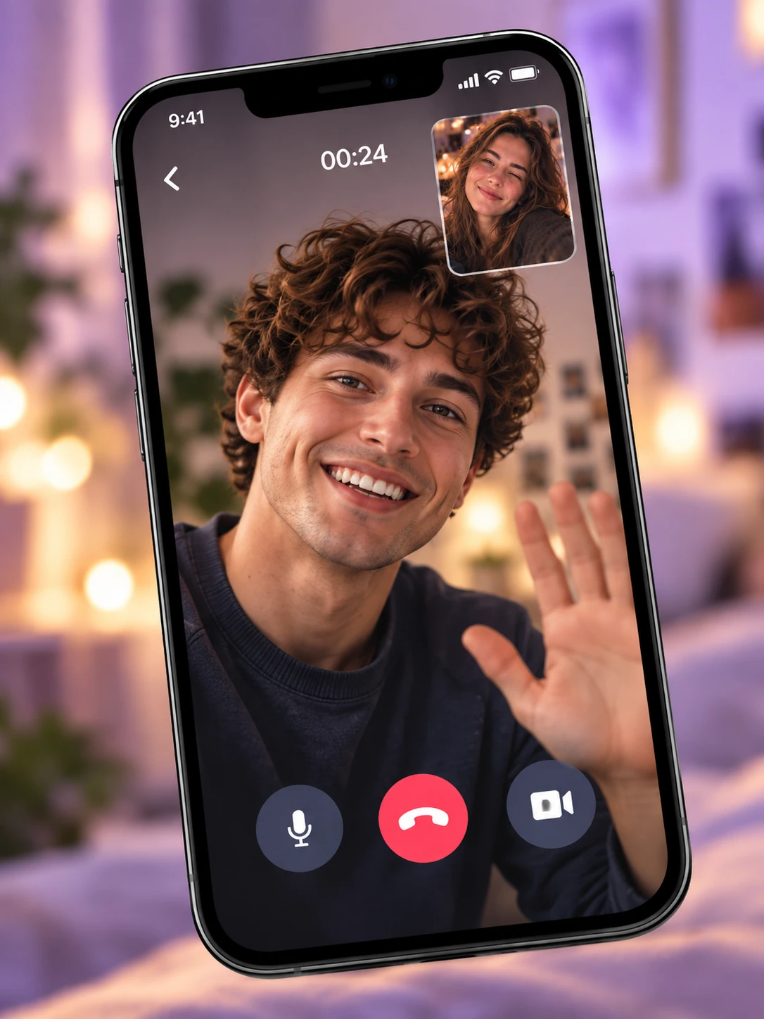 Phone mockup showing a private video conversation between two people
