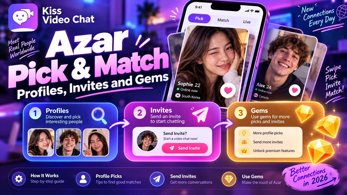 Azar Pick & Match Explained: Profiles, Invites and Gems cover for Kiss Video Chat blog