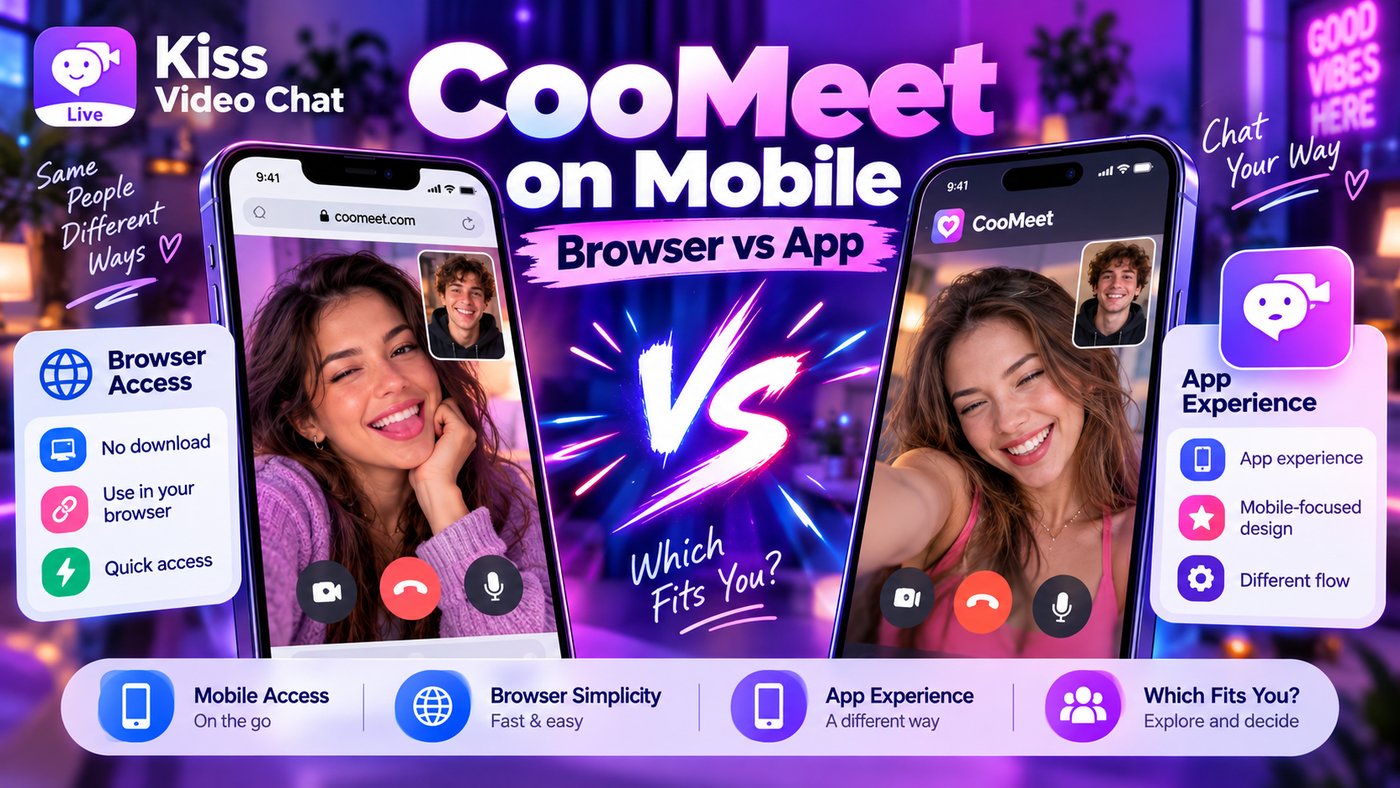 CooMeet on Mobile: Browser vs App cover for Kiss Video Chat blog