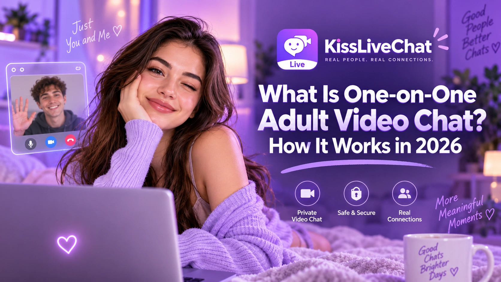 An adult at home at night having a relaxed one-on-one video conversation