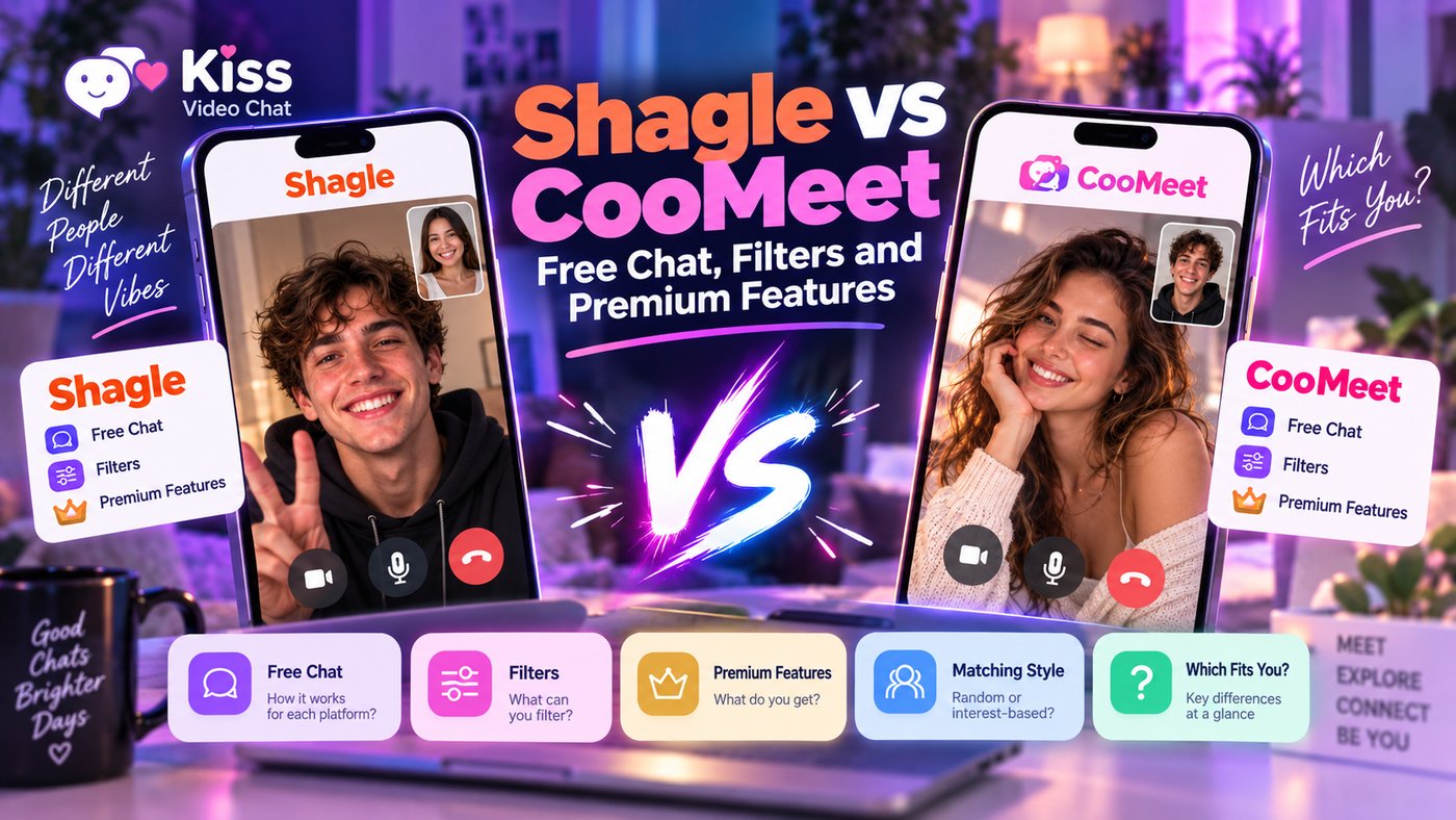 Shagle ile CooMeet'i ücretsiz sohbet, filtreler ve Premium açısından karşılaştıran kapak görseli