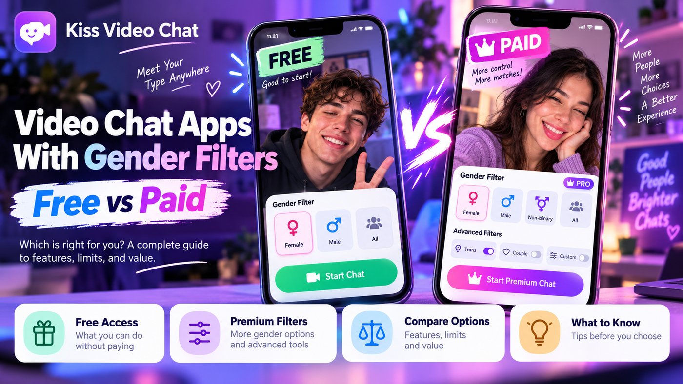 Video Chat Apps With Gender Filters: Free vs Paid cover for Kiss Video Chat blog