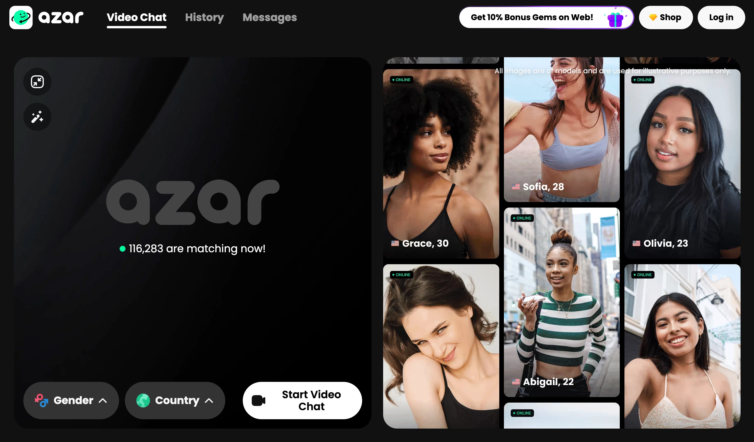 Azar video chat screen with online profiles and gender and country preferences