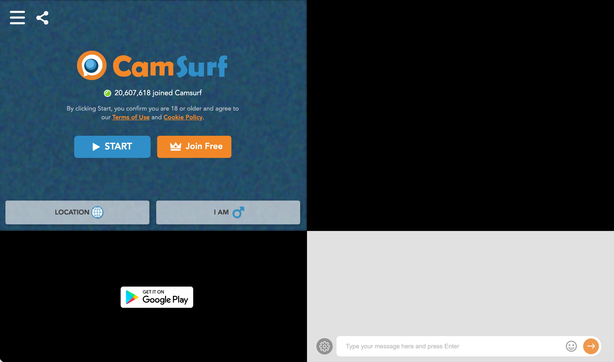 Camsurf browser video chat screen with Start and location controls