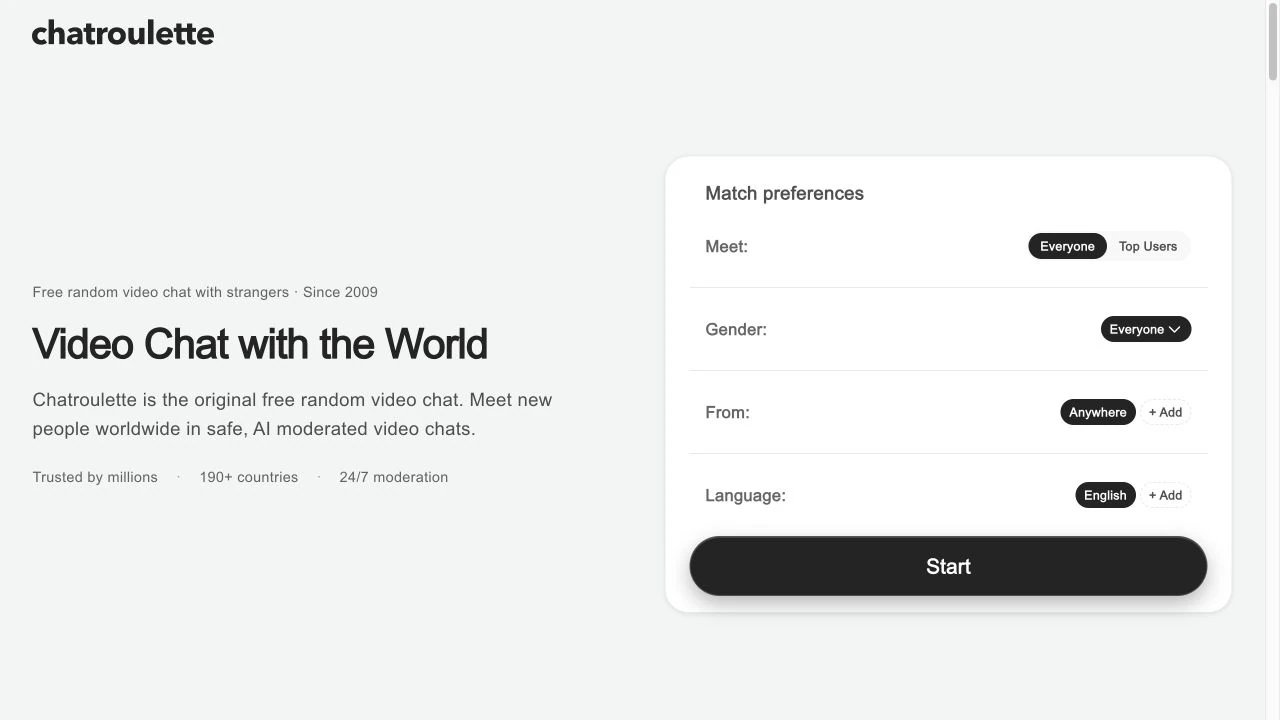 Chatroulette video chat screen with country and language preferences