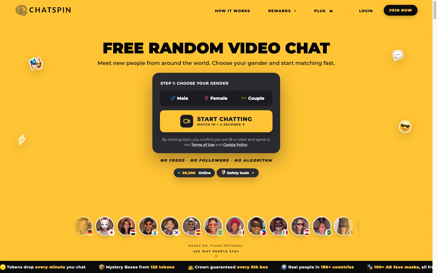 Chatspin random video chat screen with country and gender filters