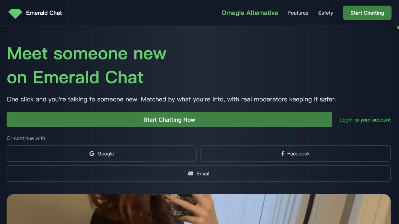 Emerald Chat screen showing interest-based stranger chat options