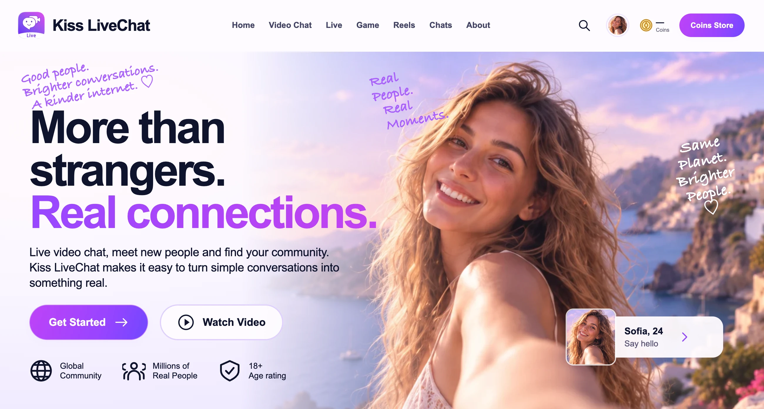 Kiss Live Chat homepage showing video chat navigation, an online profile card, and call controls