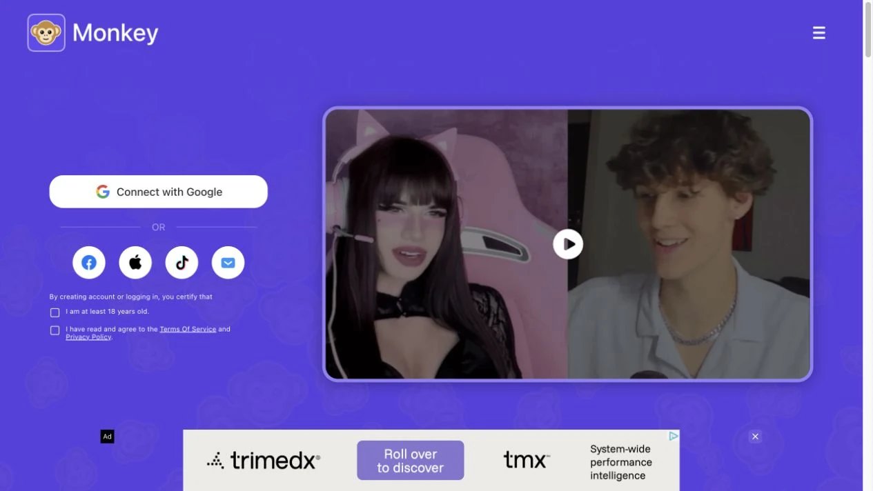 Monkey video chat page with a camera preview and sign-in options