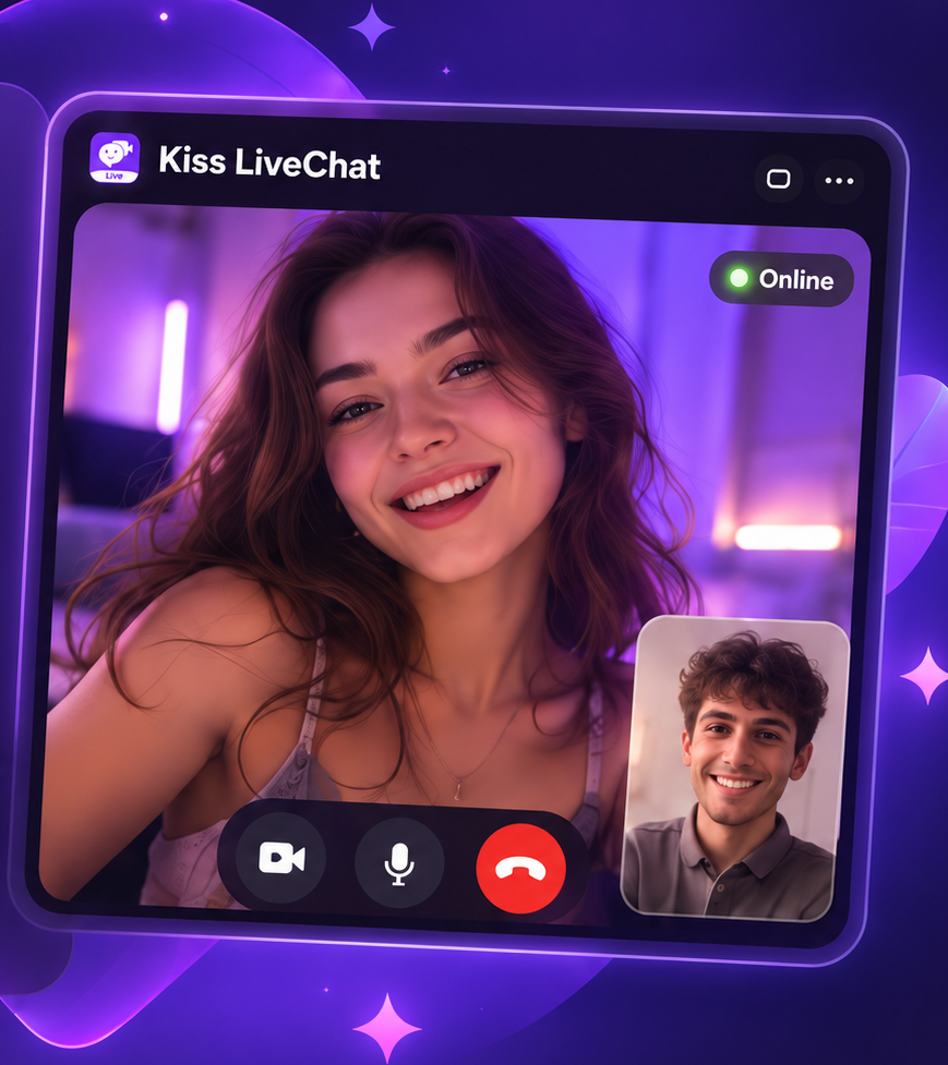 Kiss LiveChat video chat window — woman main feed with man picture-in-picture