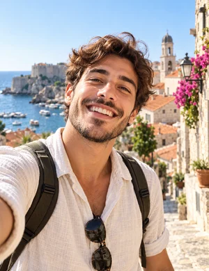 Person in a Mediterranean town