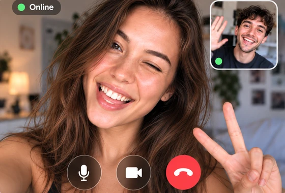 Video chat preview with a main caller, picture-in-picture, microphone, camera and hang-up controls