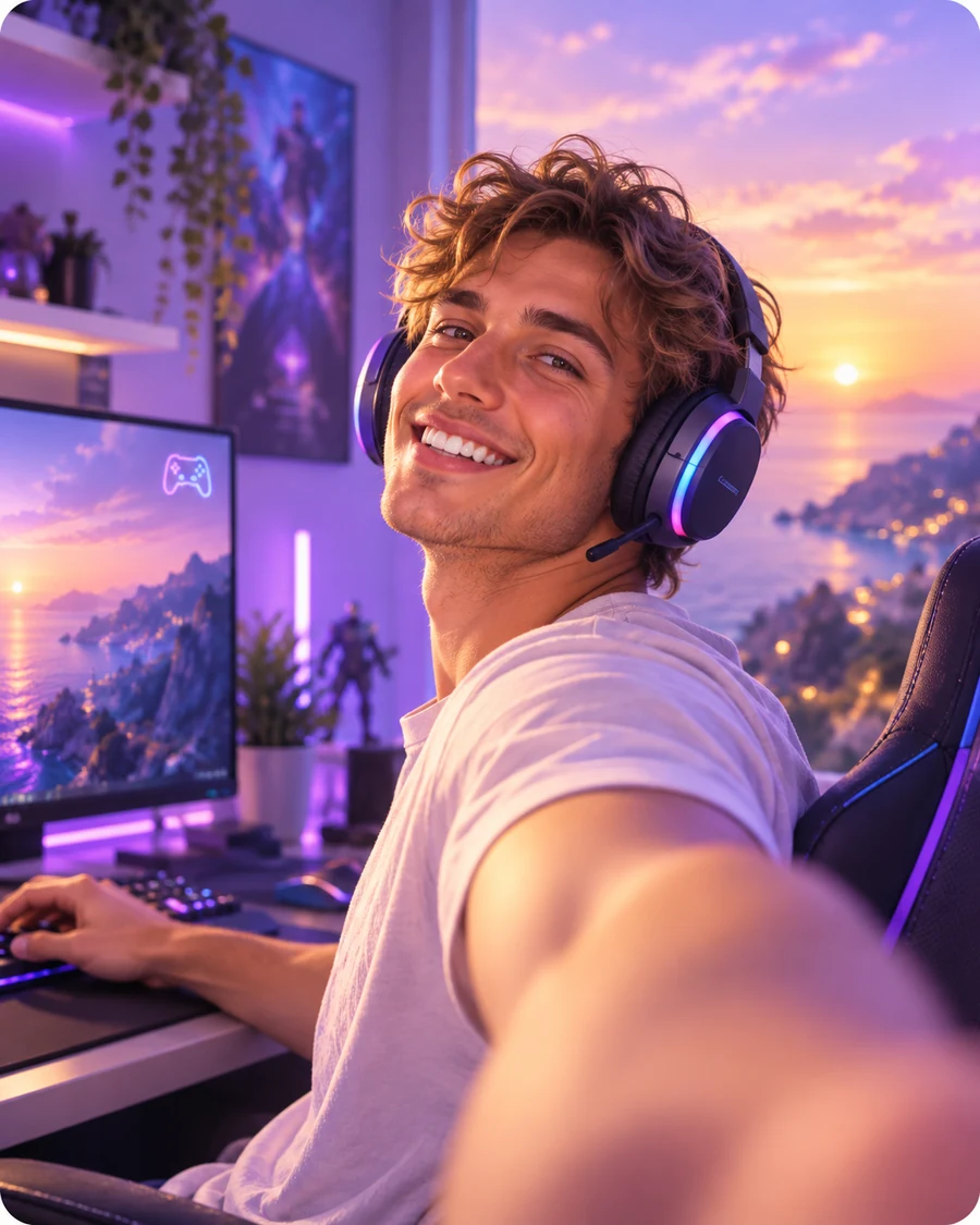 A young man enjoying a game with his headset on