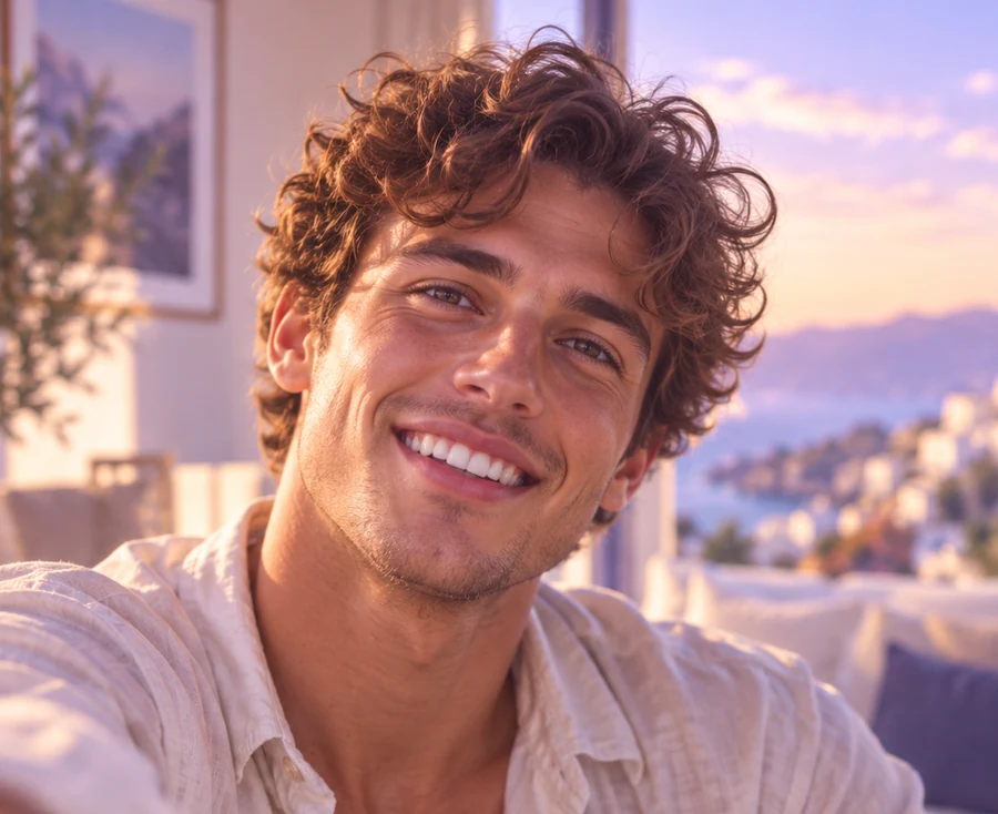 A smiling young man on a video call