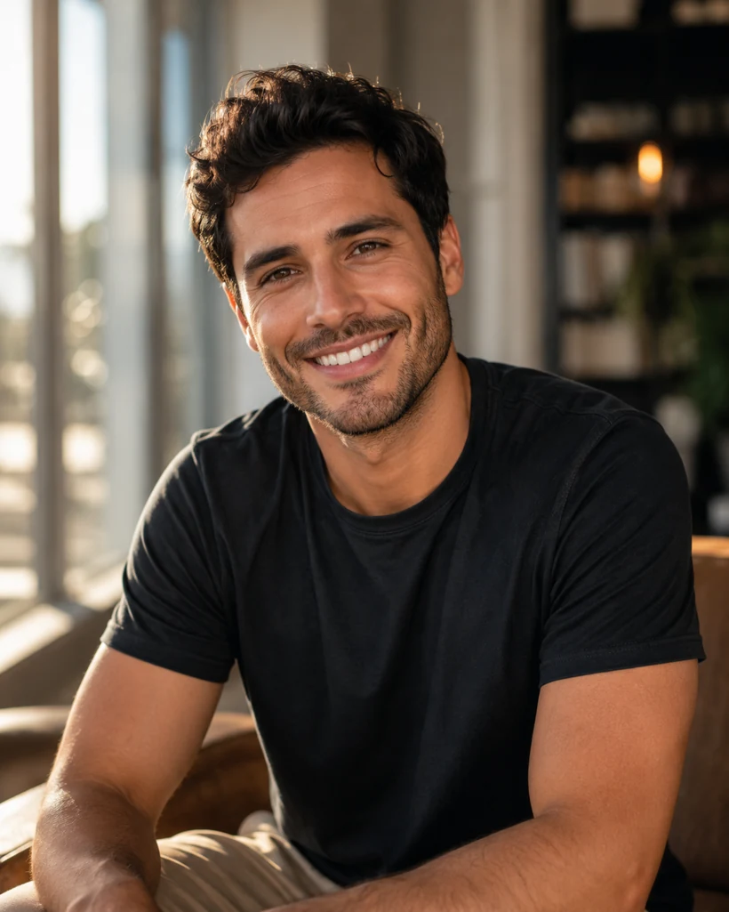 A smiling community member in a warm, relaxed setting