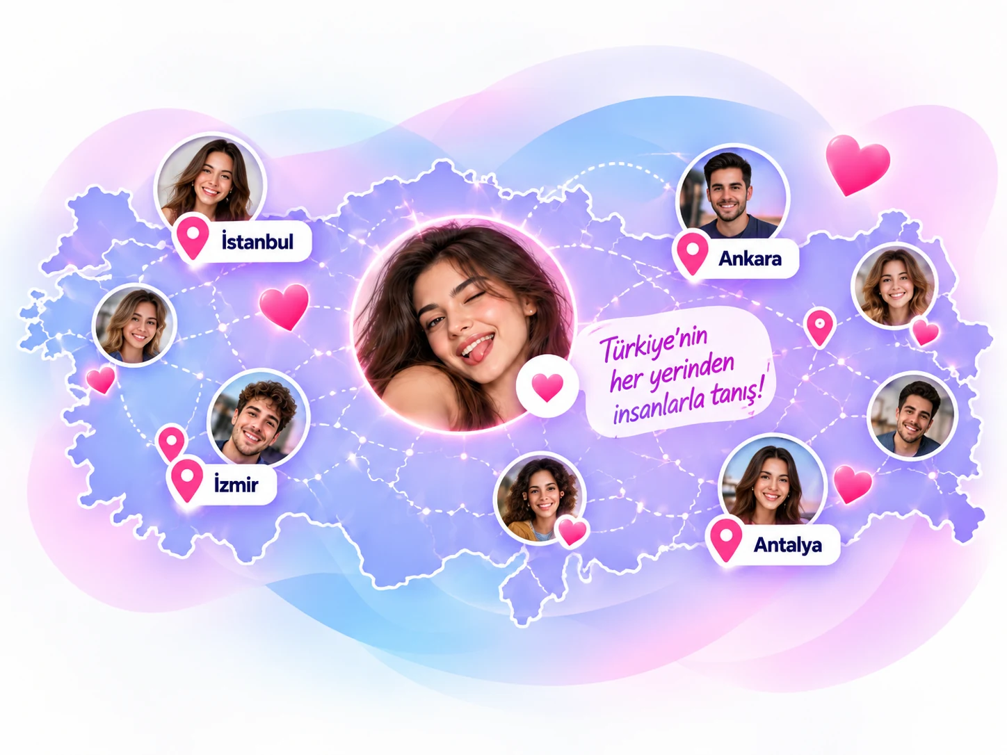 İstanbul, Ankara, İzmir ve Antalya'daki Kiss Video Chat kullanıcılarını gösteren Türkiye haritası